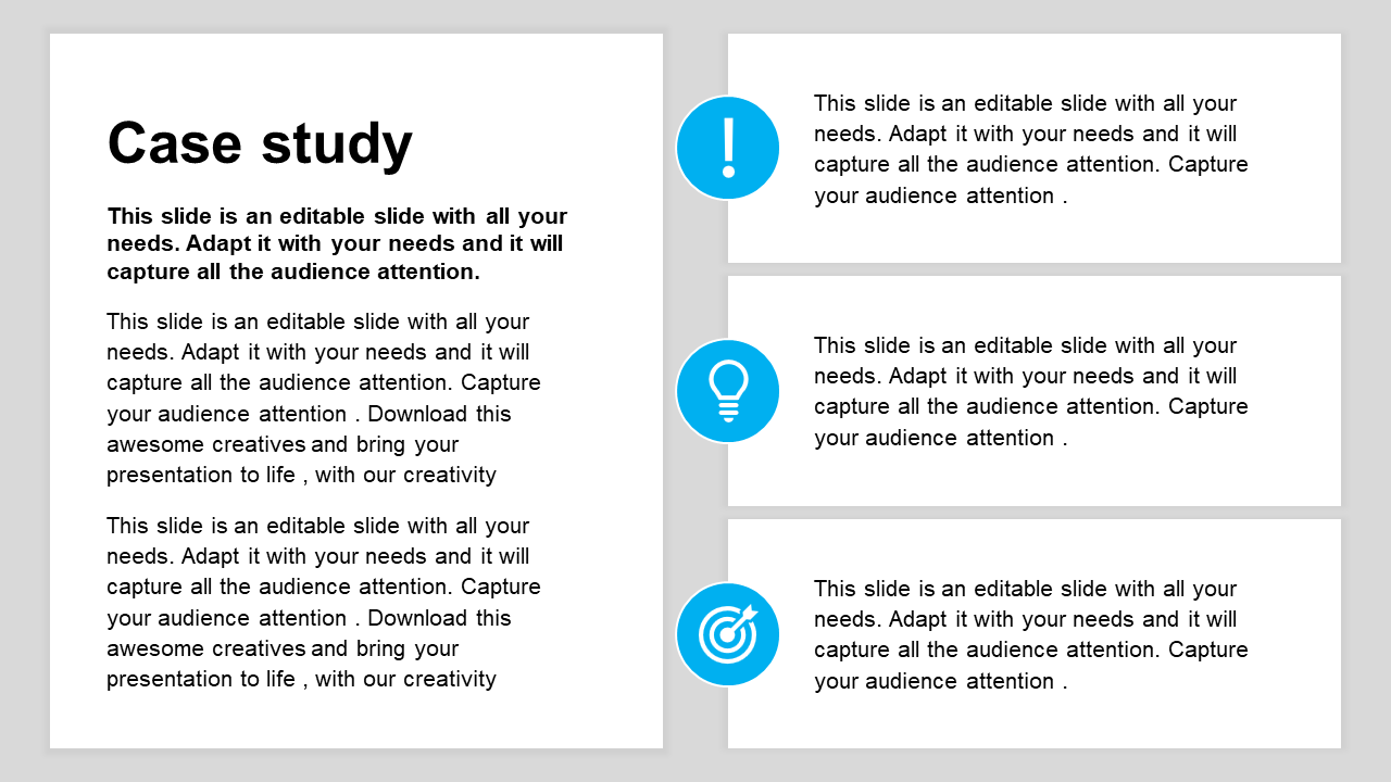 Case study template with large text block on the left and three smaller sections with icons in blue circles on the right.