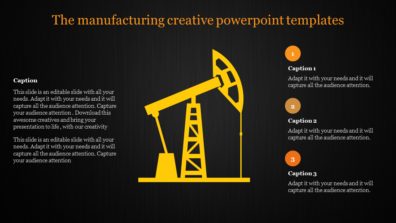 Creative PowerPoint template with a yellow oil pump illustration and captions on a dark backdrop.