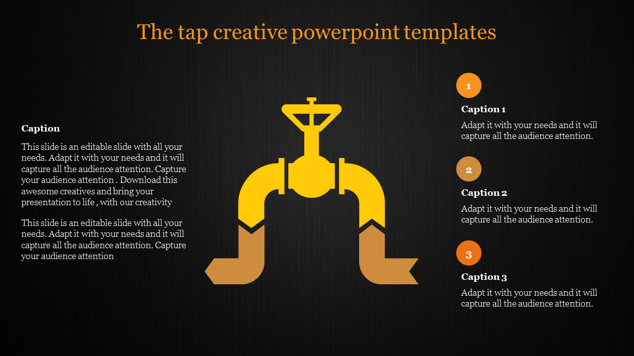 Creative PowerPoint template featuring a yellow tap graphic with captions on a dark background.