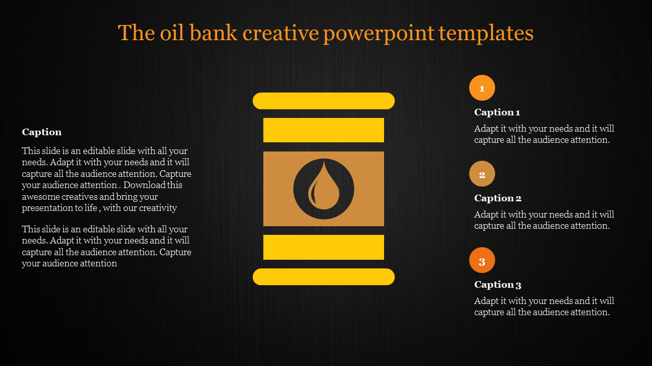 Slide with a yellow oil barrel icon in the center, set against a black background with three numbered captions.