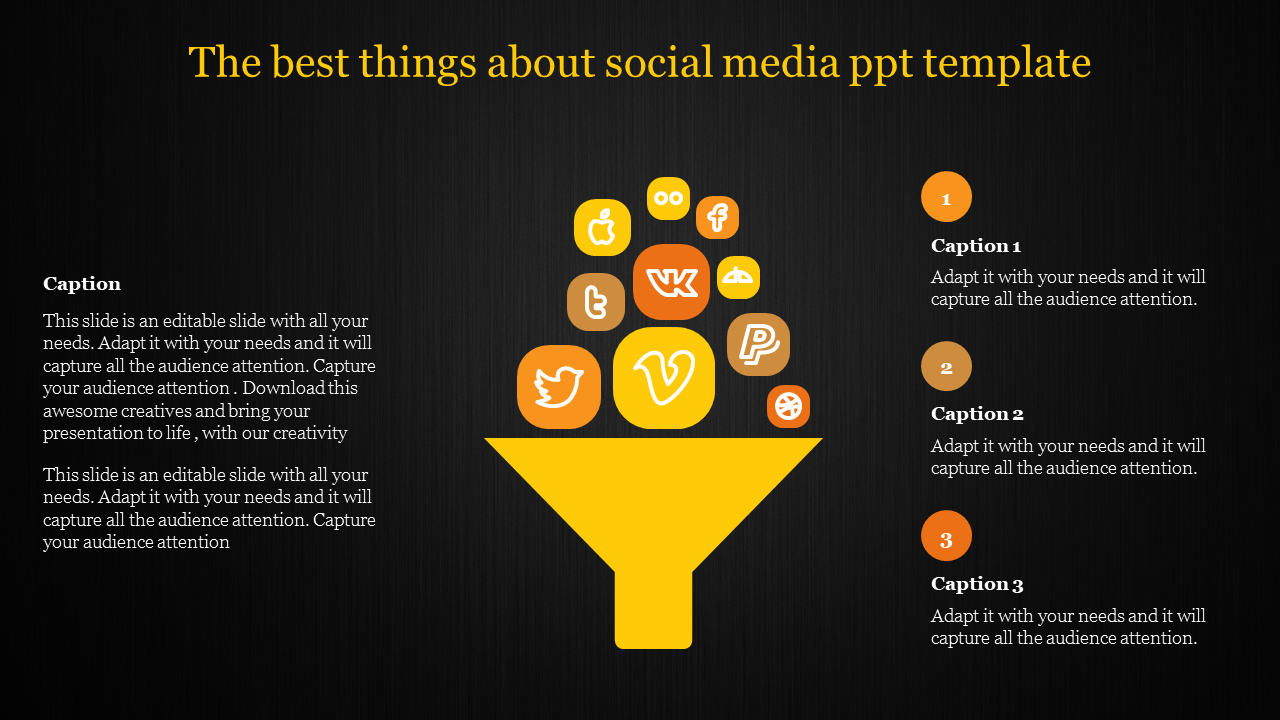 Yellow funnel graphic with various social media icons on a black background, paired with three numbered captions.