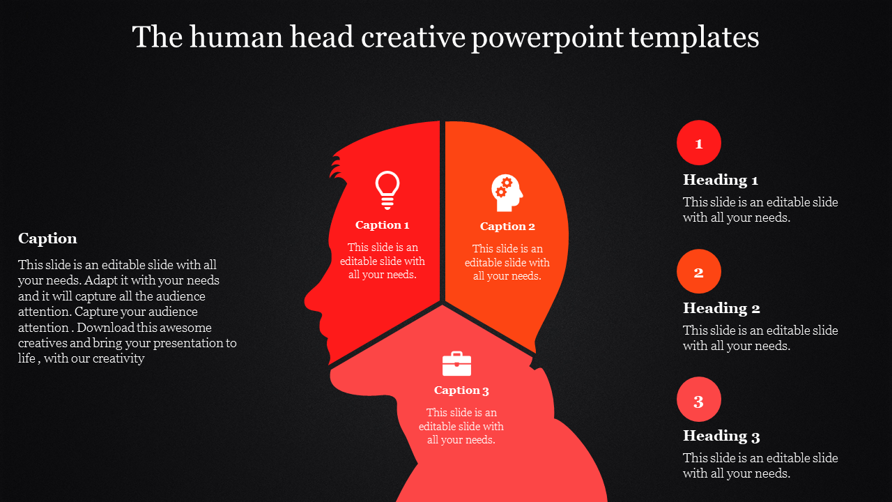 Creative human head PPT template showing ideas, thinking, and business with three distinct sections on a dark background.