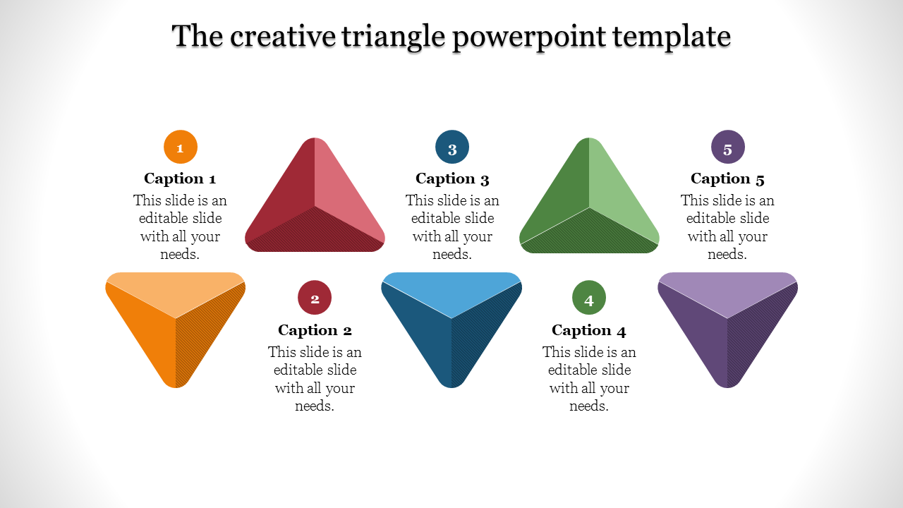 Creative triangle infographic featuring red, orange, blue, green, and purple triangles paired with numbered captions.