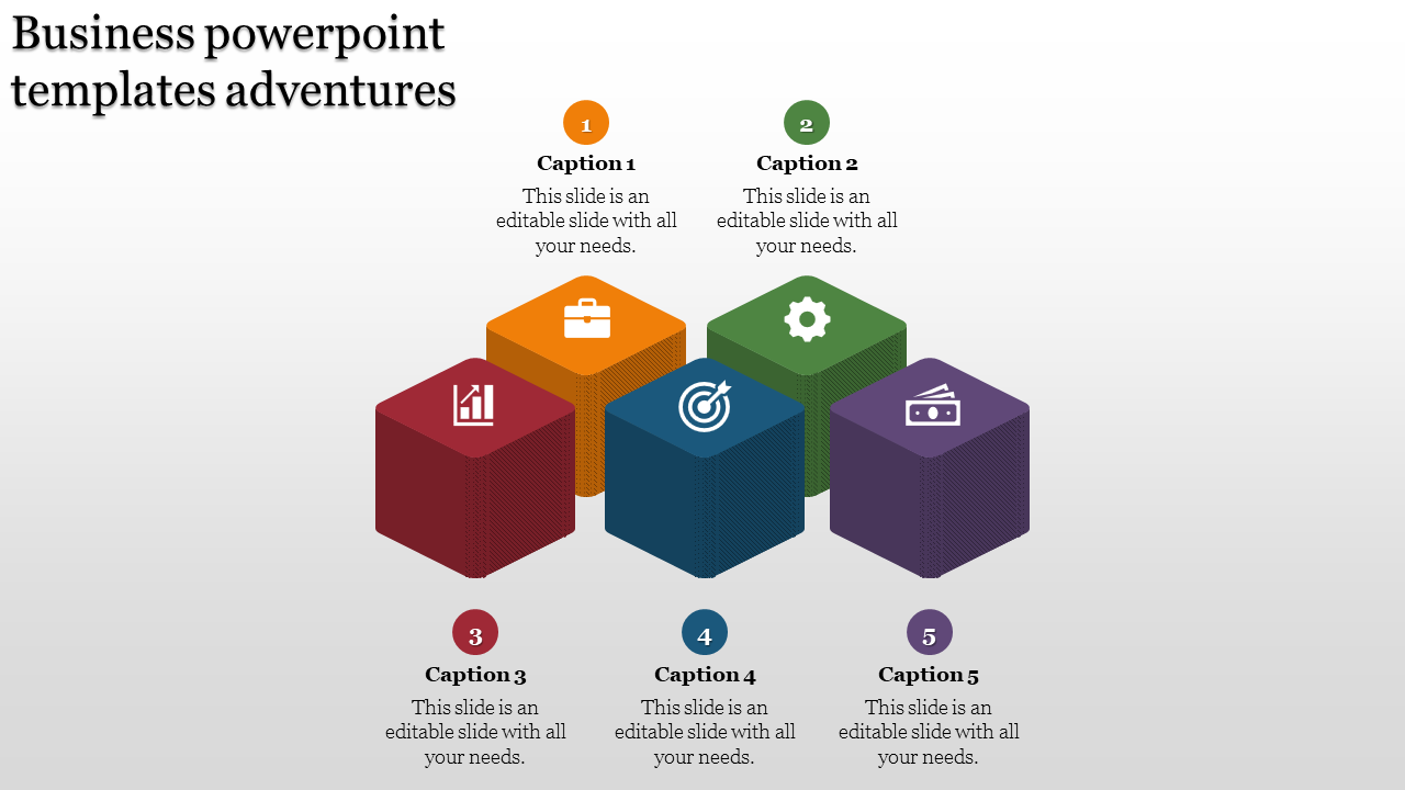 Business PowerPoint slide featuring five colorful cubes, each with unique icons with captions and placeholder text.