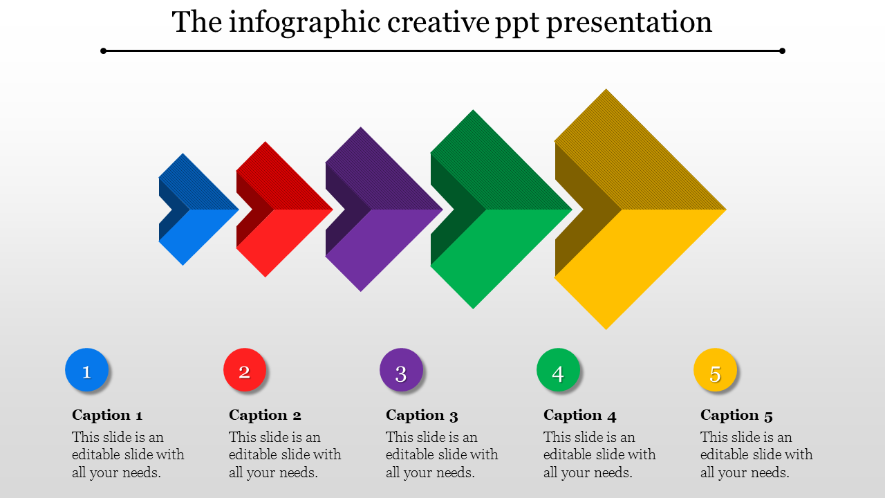 Infographic PowerPoint with five colorful arrows in blue, red, purple, green, and yellow pointing right with captions.