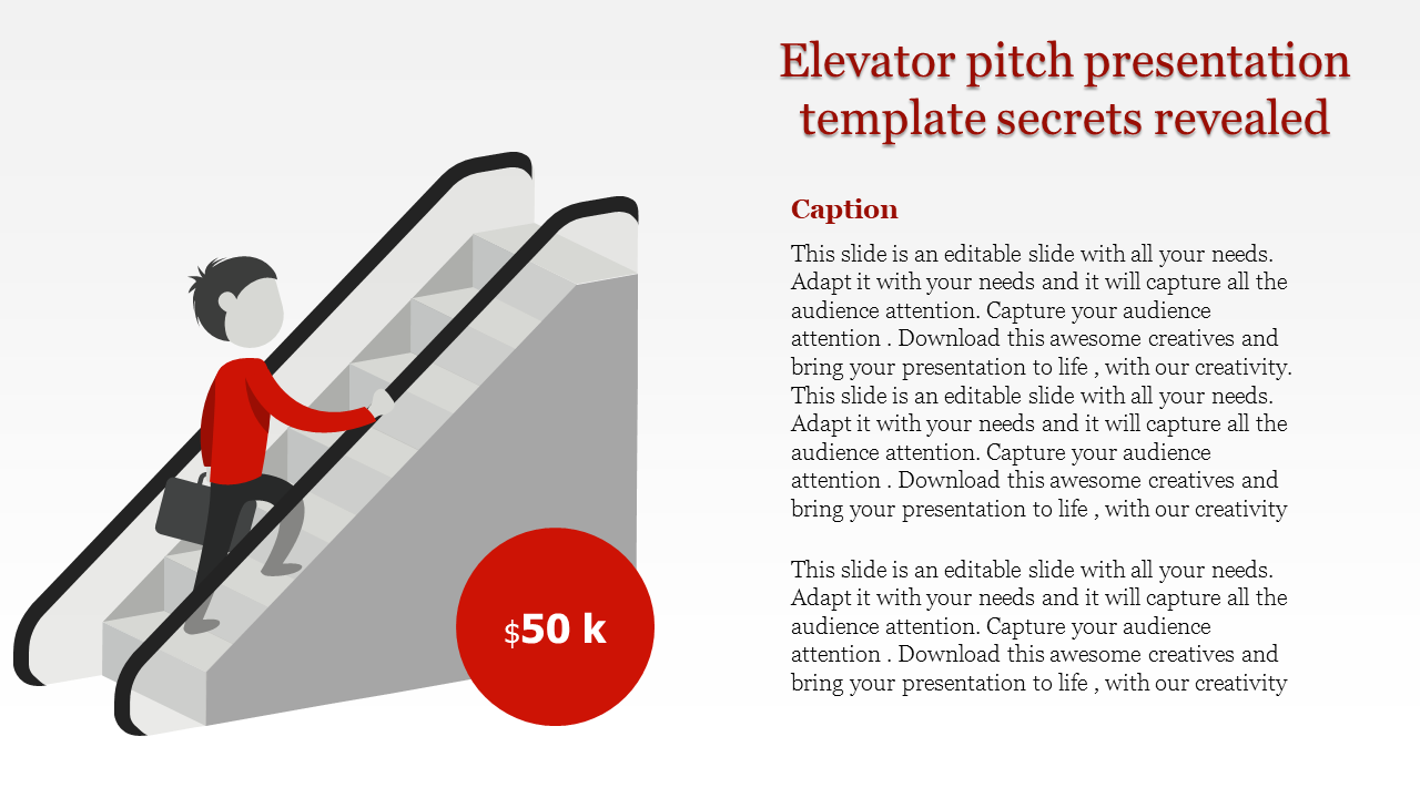 Illustration of a person with a briefcase ascending an escalator, with text and a red circle displaying $50k.