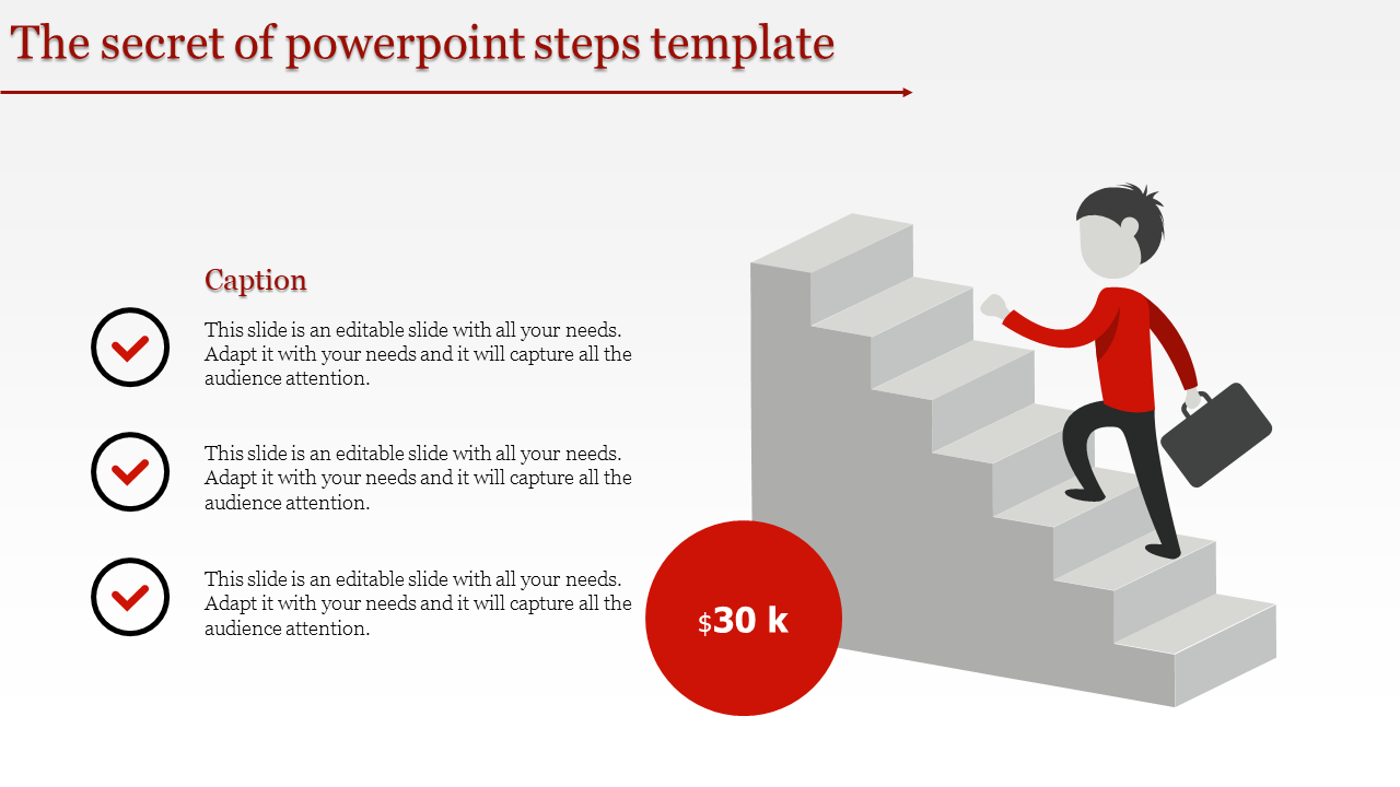 Illustration of a person climbing gray steps with three checkmarked captions on the left and a red circular marker.