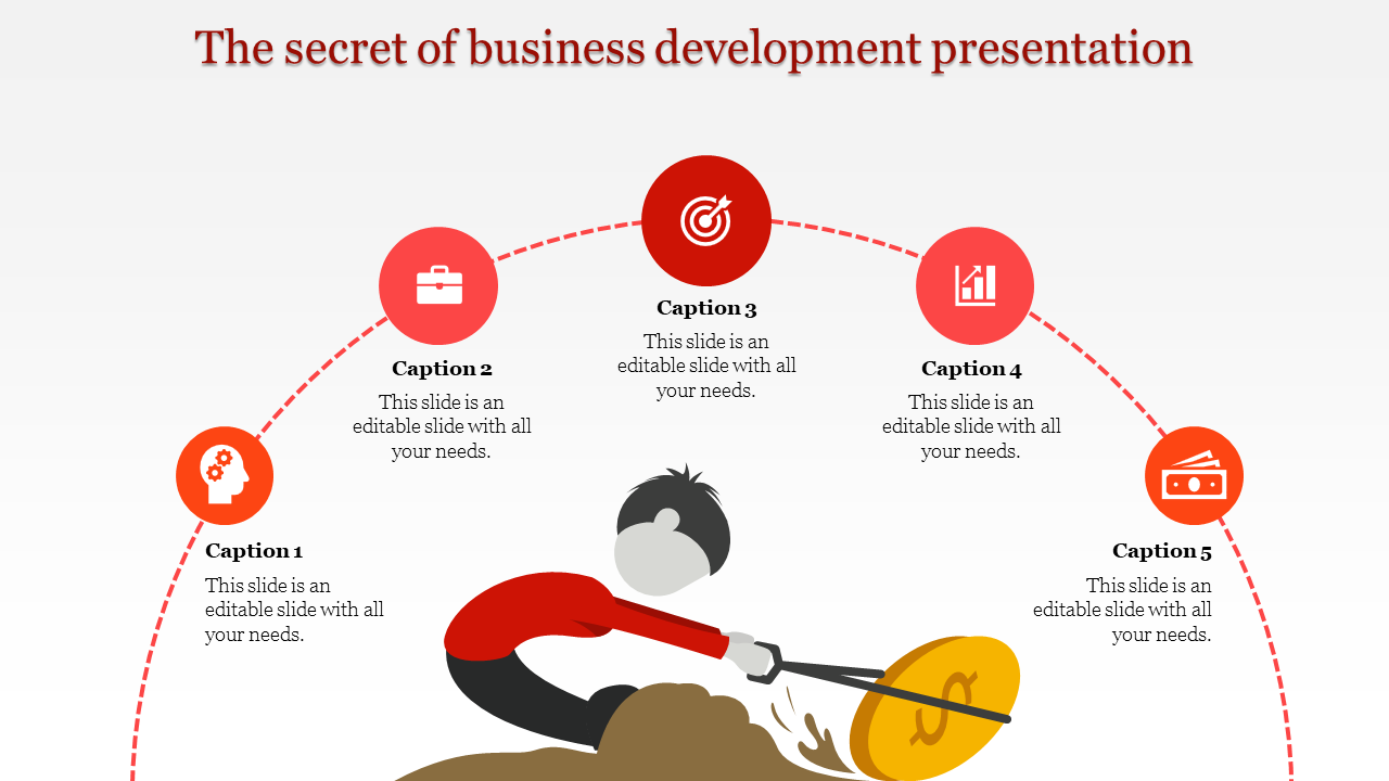 Illustration of a person digging for a gold coin below a curved line with five red circular icons for business stages.