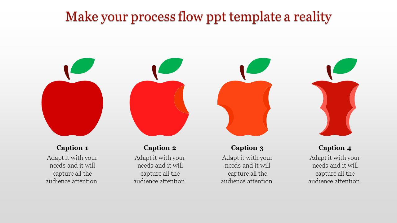 PowerPoint template featuring a process flow with colorful apples in different stages with captions.