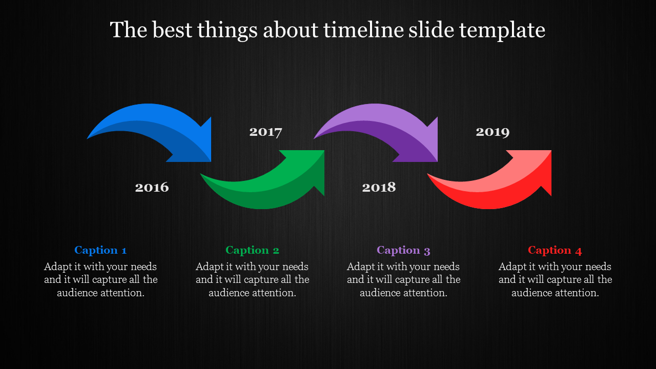 Timeline slide with arrows and years from 2016 to 2019, each with a different color and captions on a dark background.