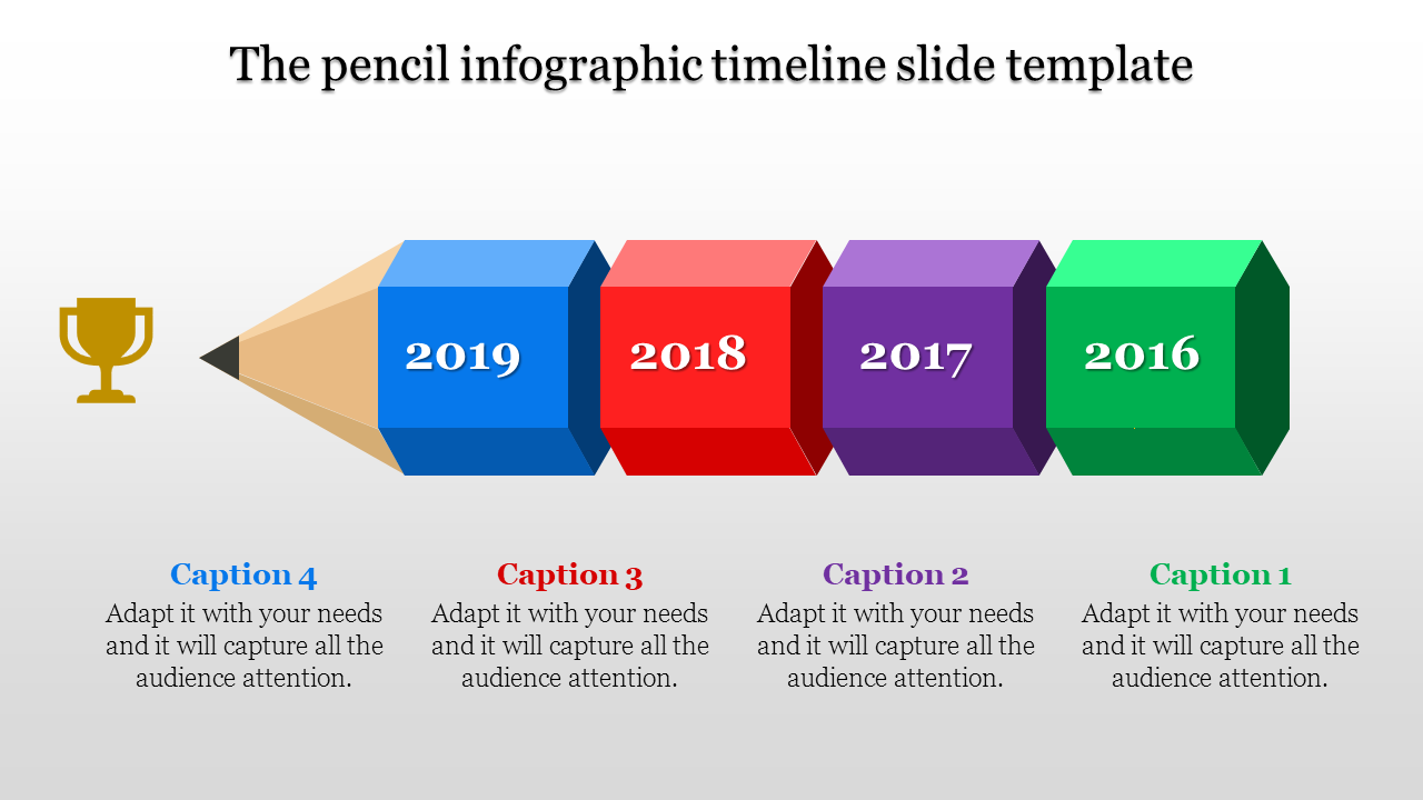 Pencil-shaped infographic with four colored blocks in green, purple, red, and blue, and a trophy icon at the tip.