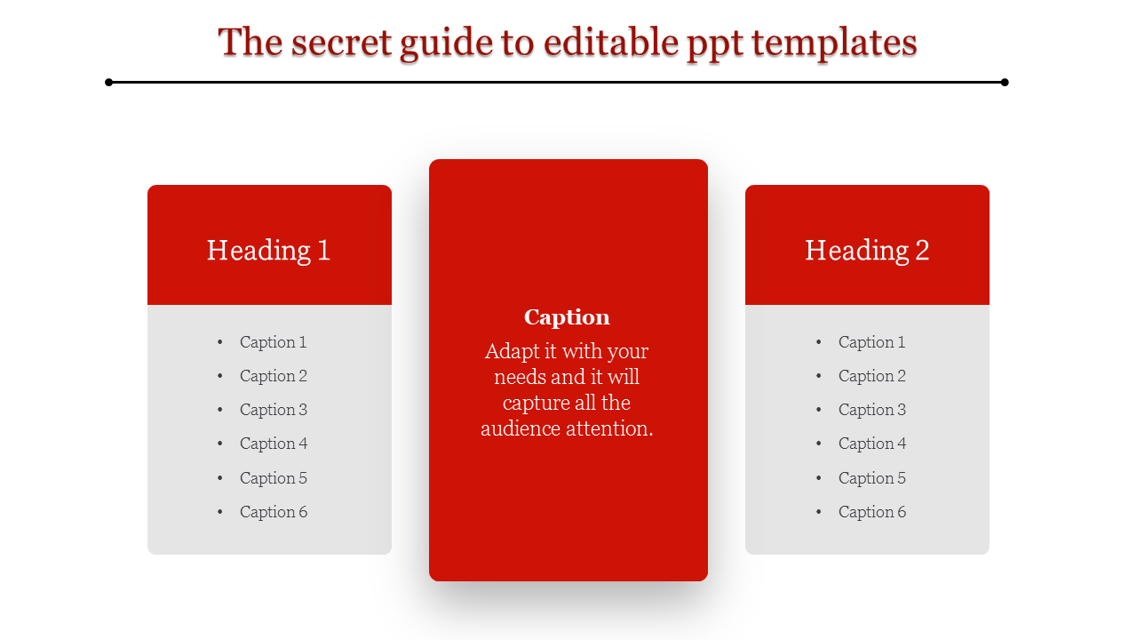 PowerPoint slide with two red sections for headings and a central caption box.