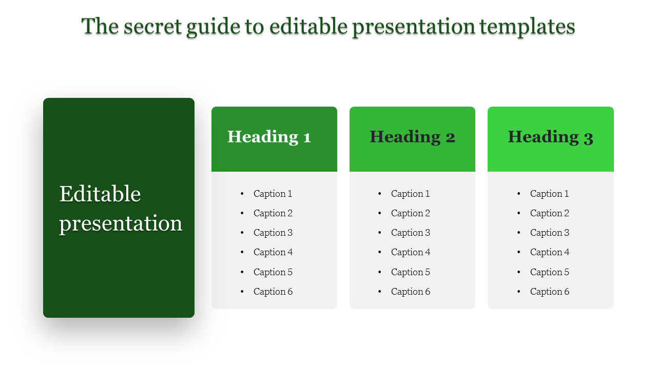 Template featuring a dark green title box on the left and three columns with headings and bullet points.