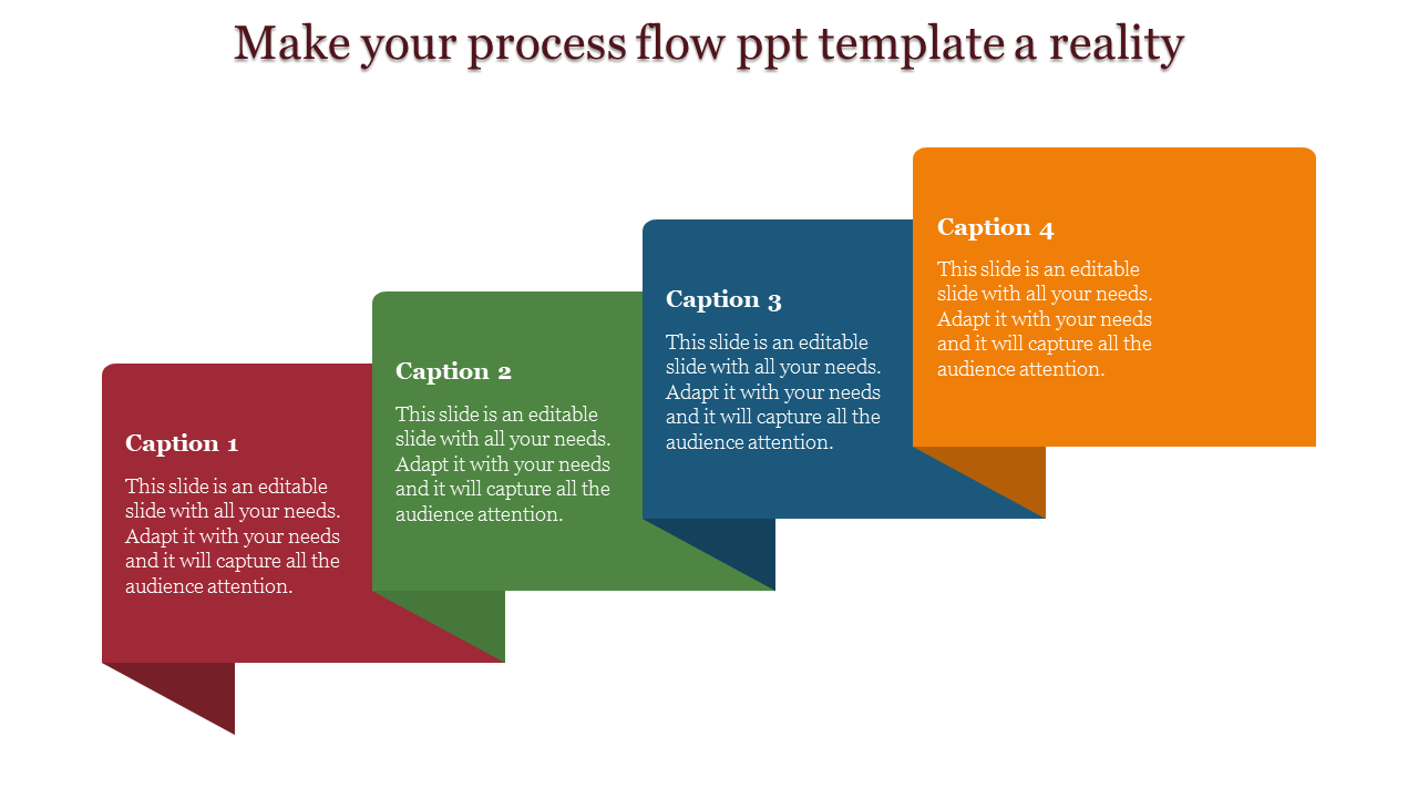 Process flow slide with four colored speech bubbles arranged in a staggered layout, each containing a placeholder text.