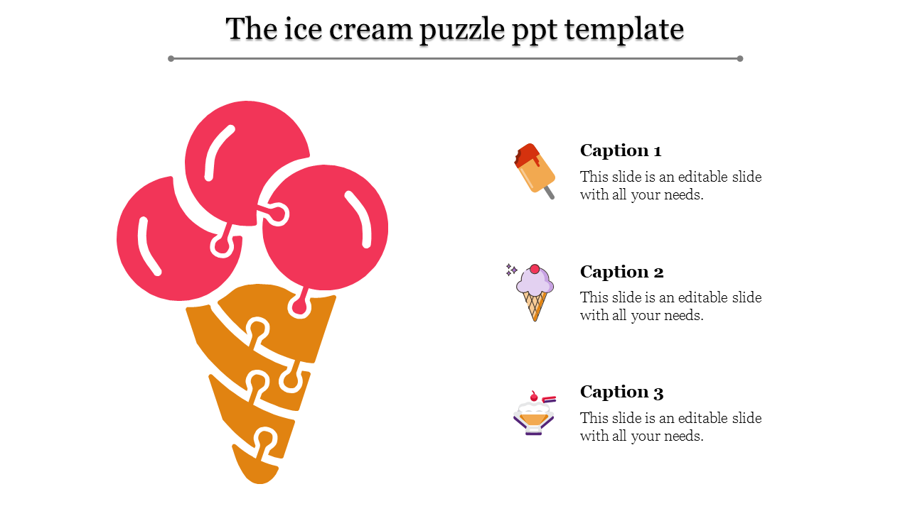 Ice cream themed infographic with a puzzle piece design featuring three scoops and a cone, paired with captions on the right.