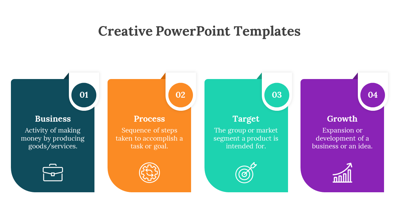 Creative PowerPoint template showcasing concepts of business, process, target, and growth with colorful blocks with icons.