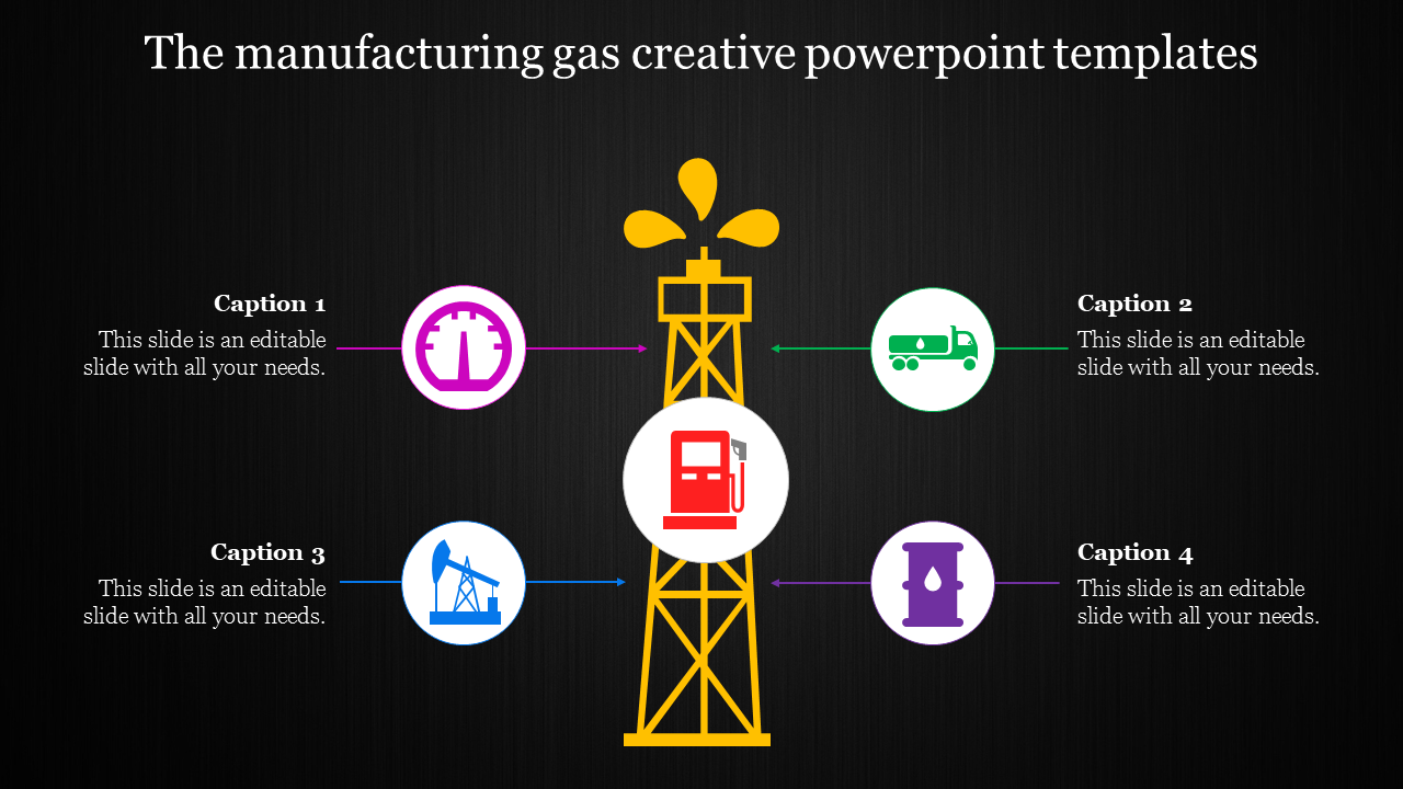 A creative slide showing a gas plant with icons for production, transportation, and storage with captions on a dark backdrop.