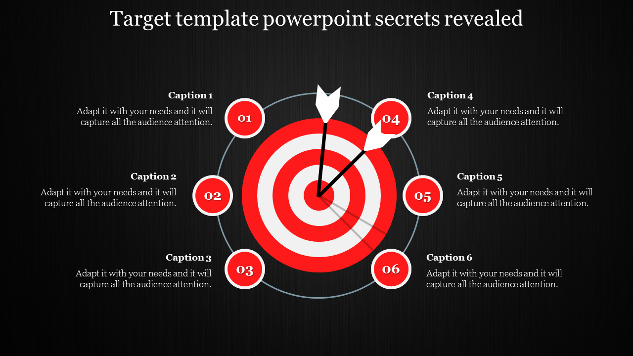 Target PowerPoint slide with a bullseye graphic and captions for six sections on a dark backdrop.