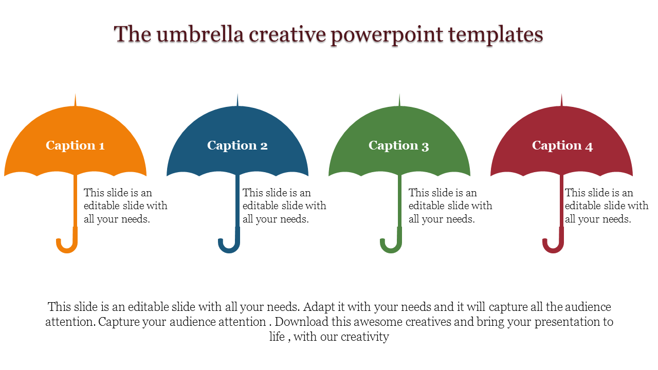 Four umbrella graphics in orange, blue, green, and red, each labeled with captions and descriptive text below.