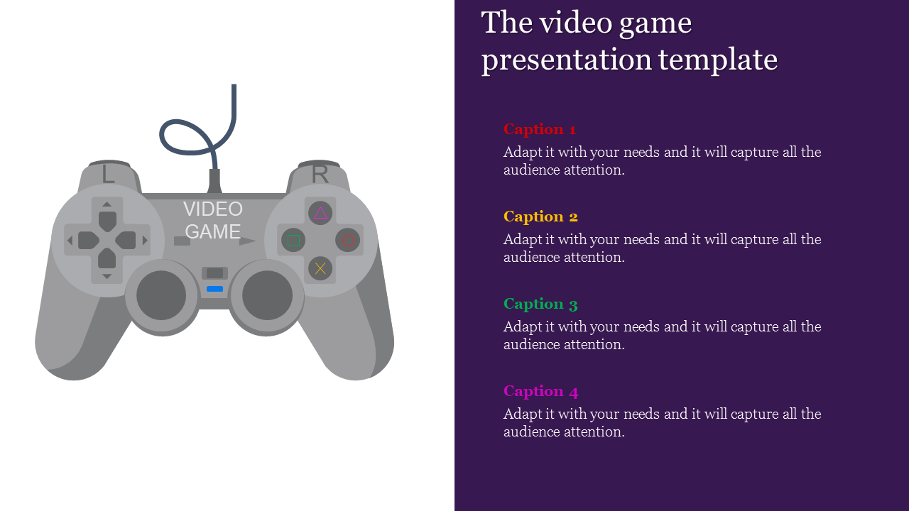 Video game template featuring a controller graphic and four caption areas in different colors placed in a purple background.