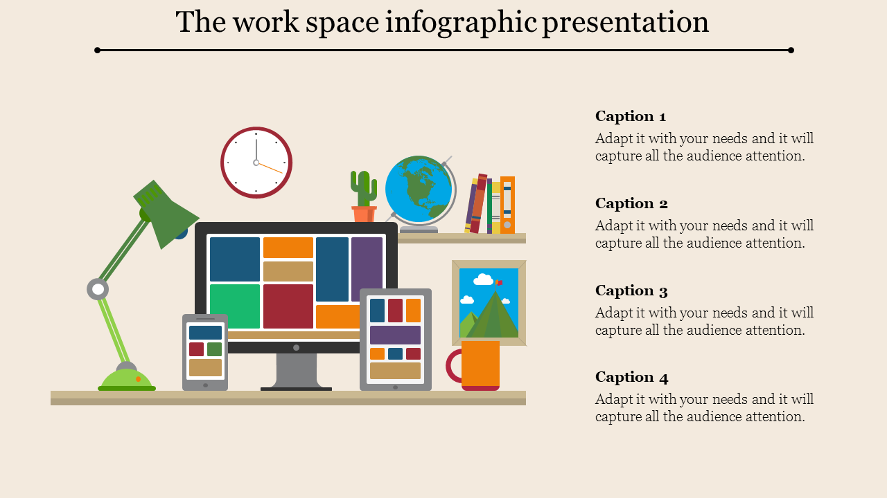 Workspace infographic with a desk setup, featuring a monitor, gadgets, a green desk lamp, and colorful shelves.