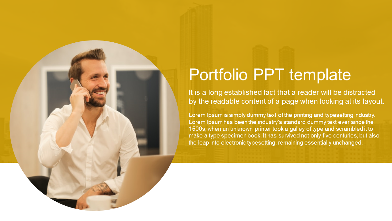 Portfolio slide with a smiling man on a call in a white shirt, on a yellow background, and text on the right.