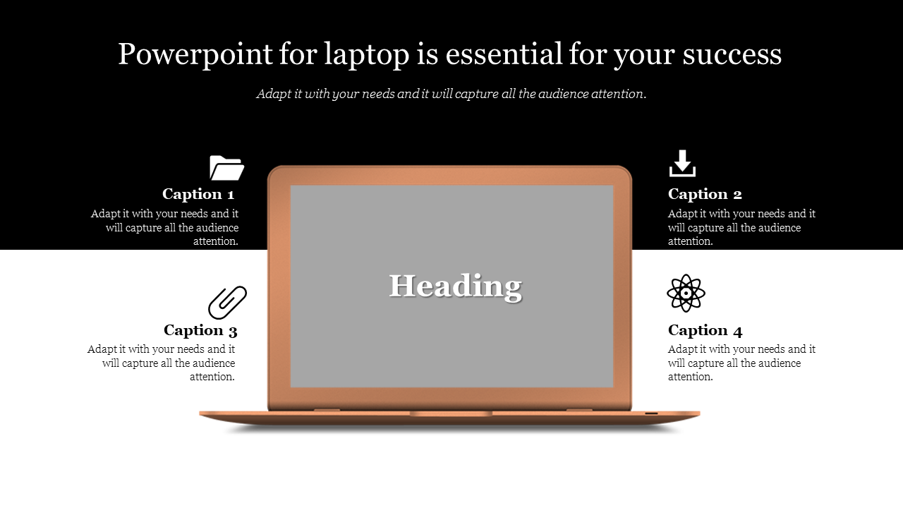 Slide featuring a brown laptop with a gray screen, surrounded by four icons and captions, on a monochrome background.