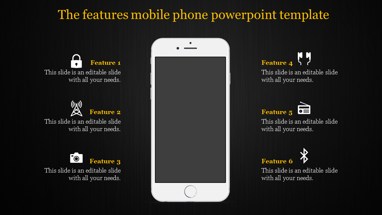 Mobile phone slide highlighting six key features with icons around a smartphone image in the center on a dark backdrop.