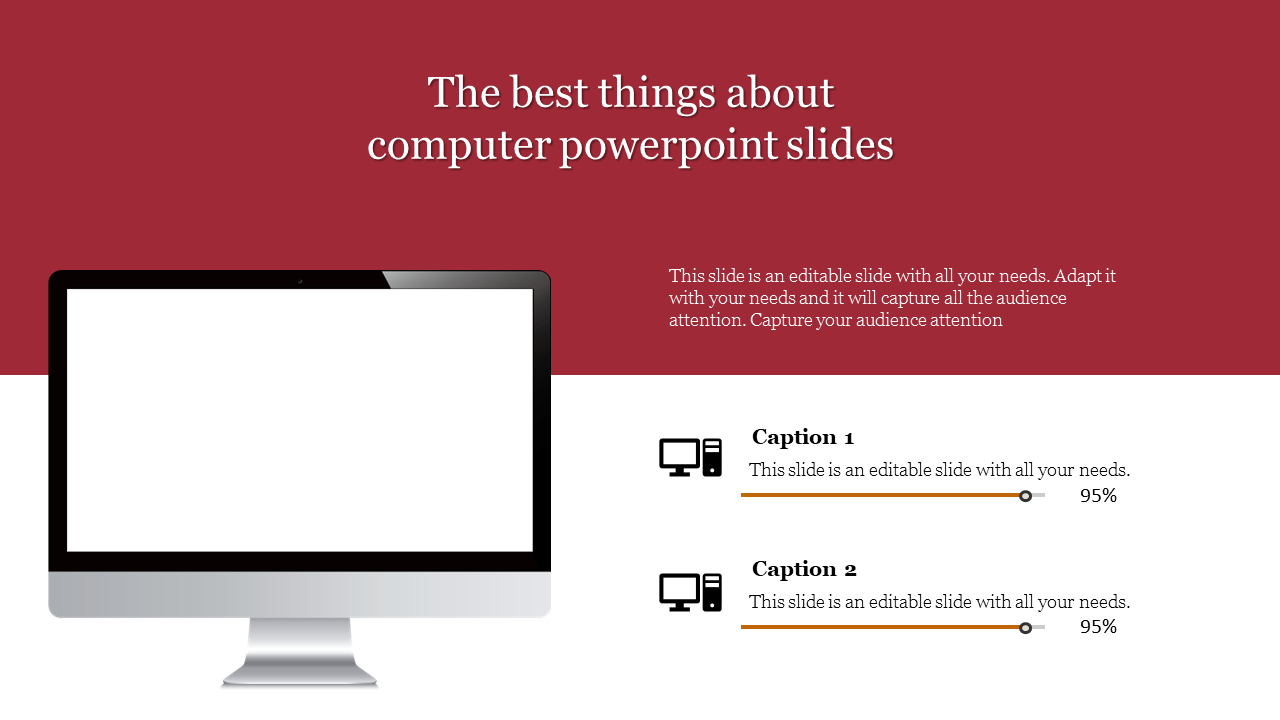 Slide with a red header, featuring computer monitor illustration, and two captions with progress bars below.