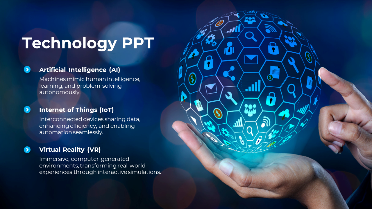 Technology PowerPoint template featuring a glowing globe with icons and three key topics AI, IoT, and VR on a blue backdrop.