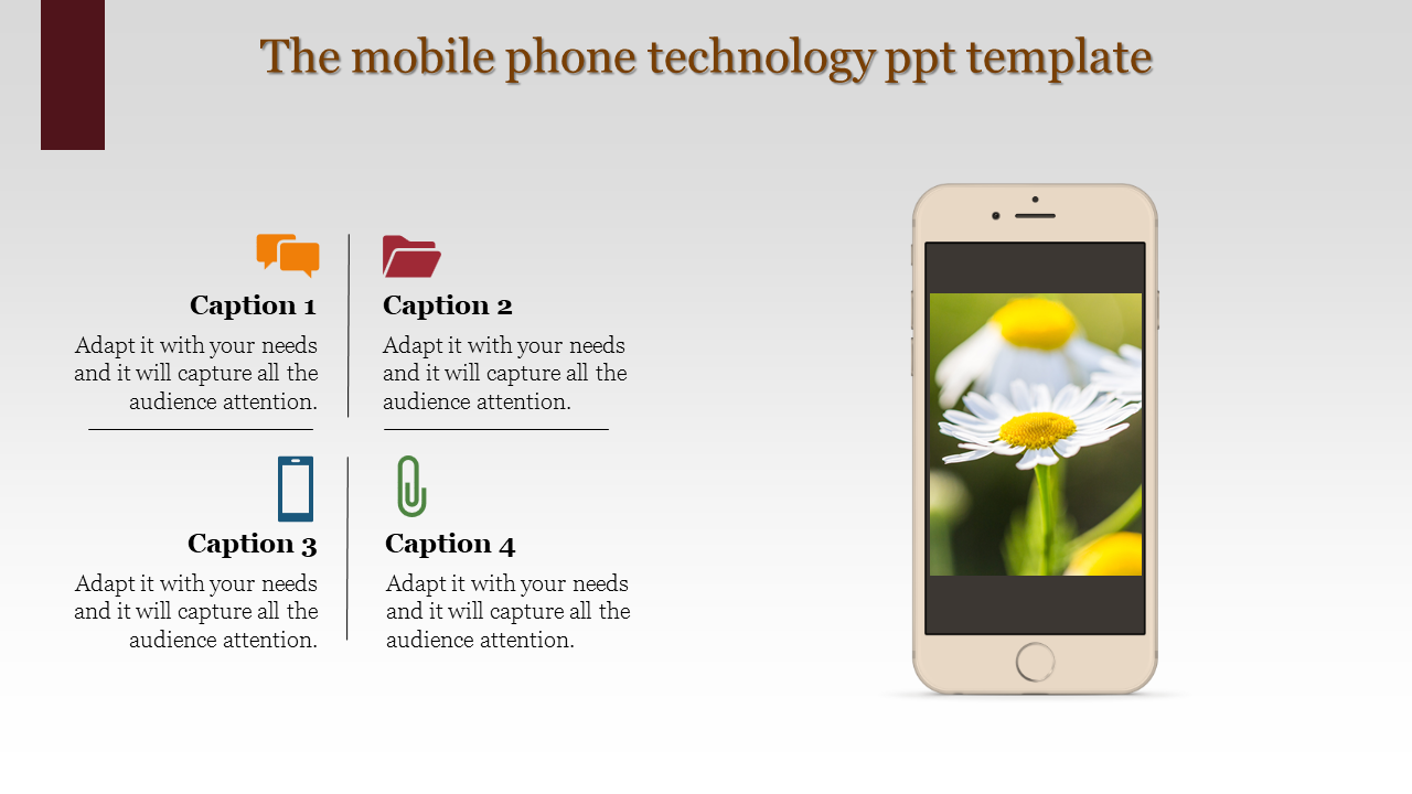 Technology PPT slide featuring a mobile phone with a flower image, accompanied by four caption sections with various icons.