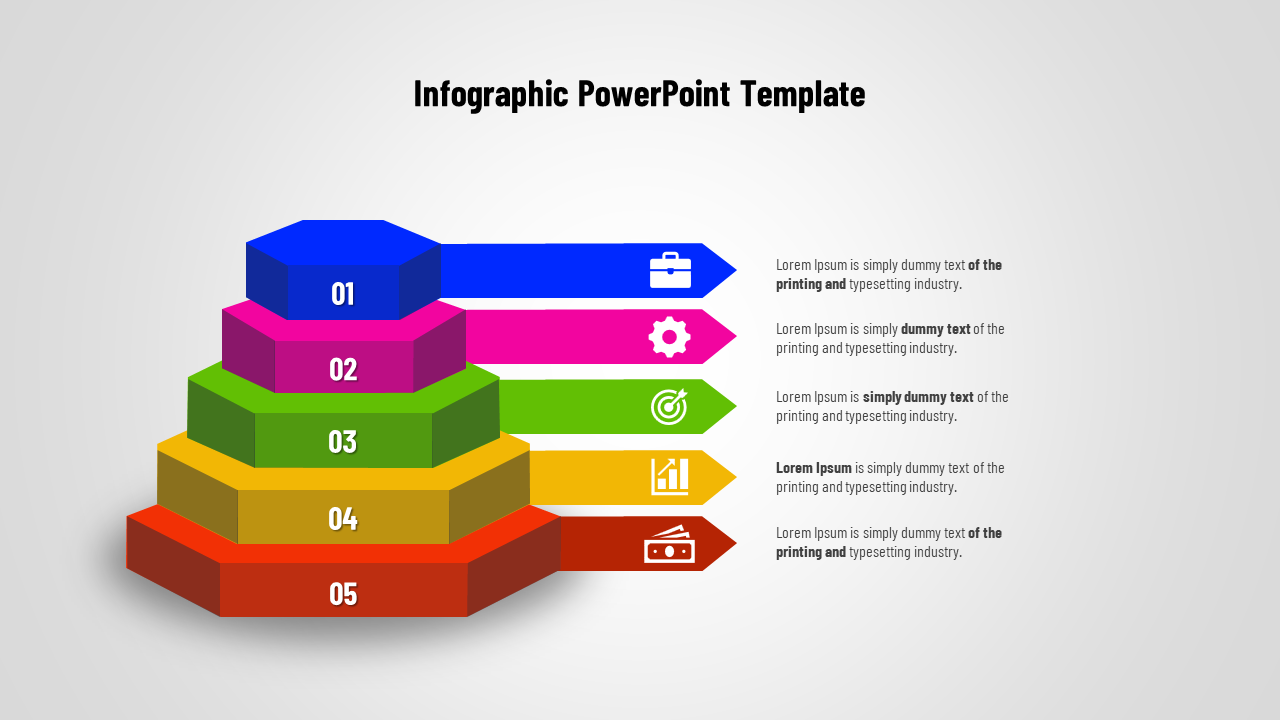 Five tiered infographic pyramid in blue, pink, green, yellow, and red, each with icons and text placeholders.