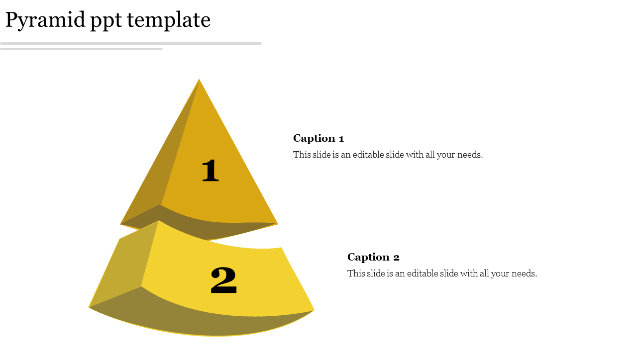 Two level golden pyramid PowerPoint template with sections labeled 1 and 2, each paired with captions.