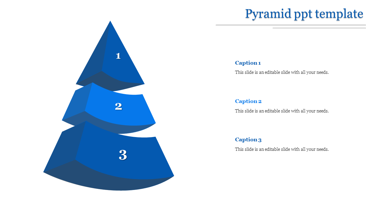 Three level pyramid in shades of blue, displaying numbers 1 to 3 with aligned captions on the right.