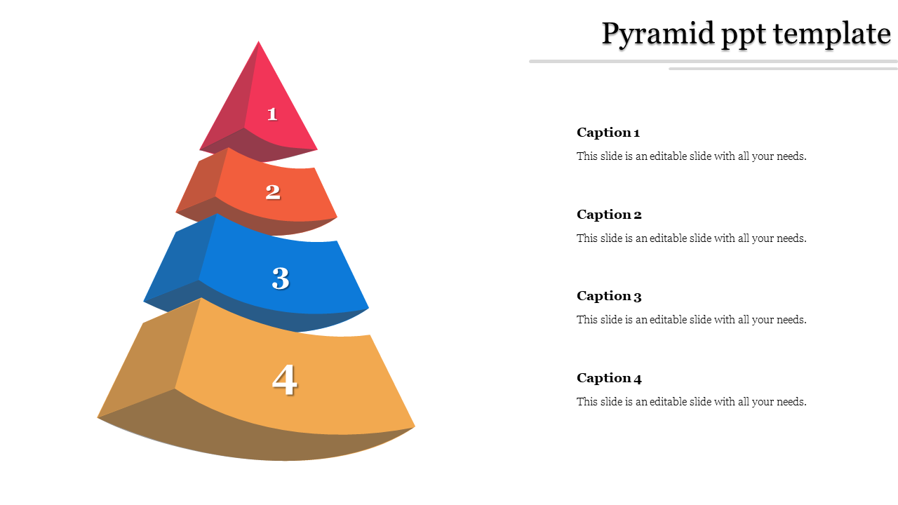 Four level colorful 3D pyramid PowerPoint template with numbered sections and captions on the side.