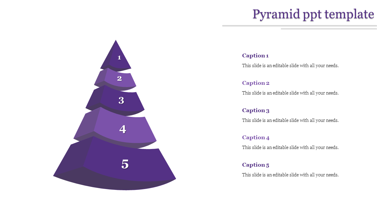 Five-tier purple pyramid with numbered levels and captions areas on the right placed in a white background.