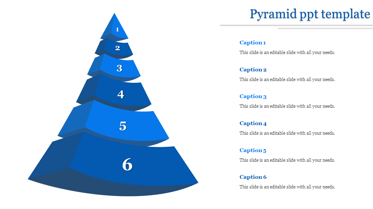 3D blue pyramid structure with numbered layers and text sections on the right for PowerPoint presentations.