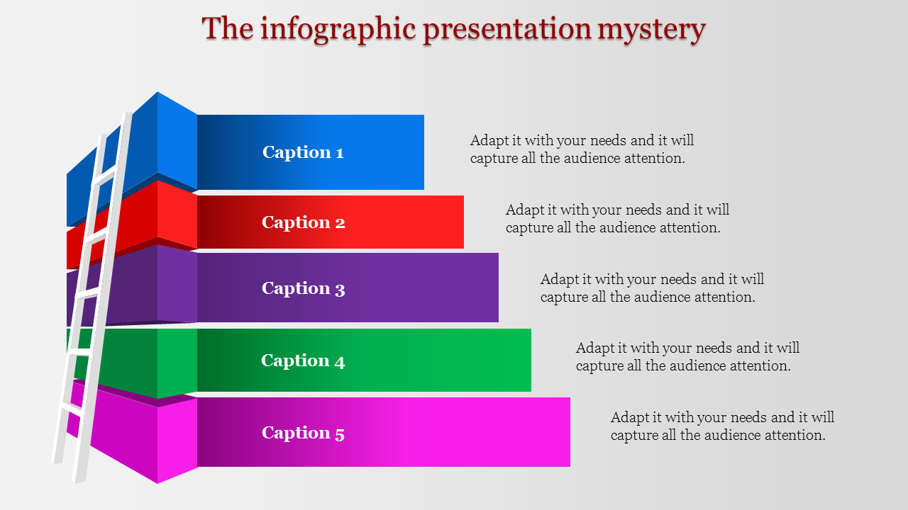 Infographic presentation with five colorful stacked boxes and a ladder leaning against them, representing different steps.