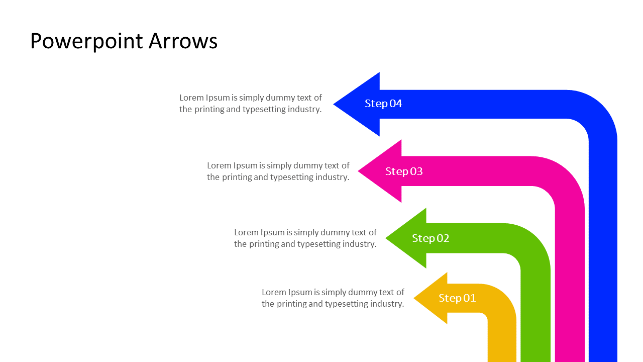 PPT slide showcasing four colorful arrows in blue, pink, green, and orange, each with a corresponding step number and text.