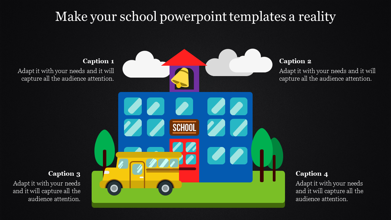 School PPT template with four sections and building illustration on a dark backdrop with captions and placeholder text.