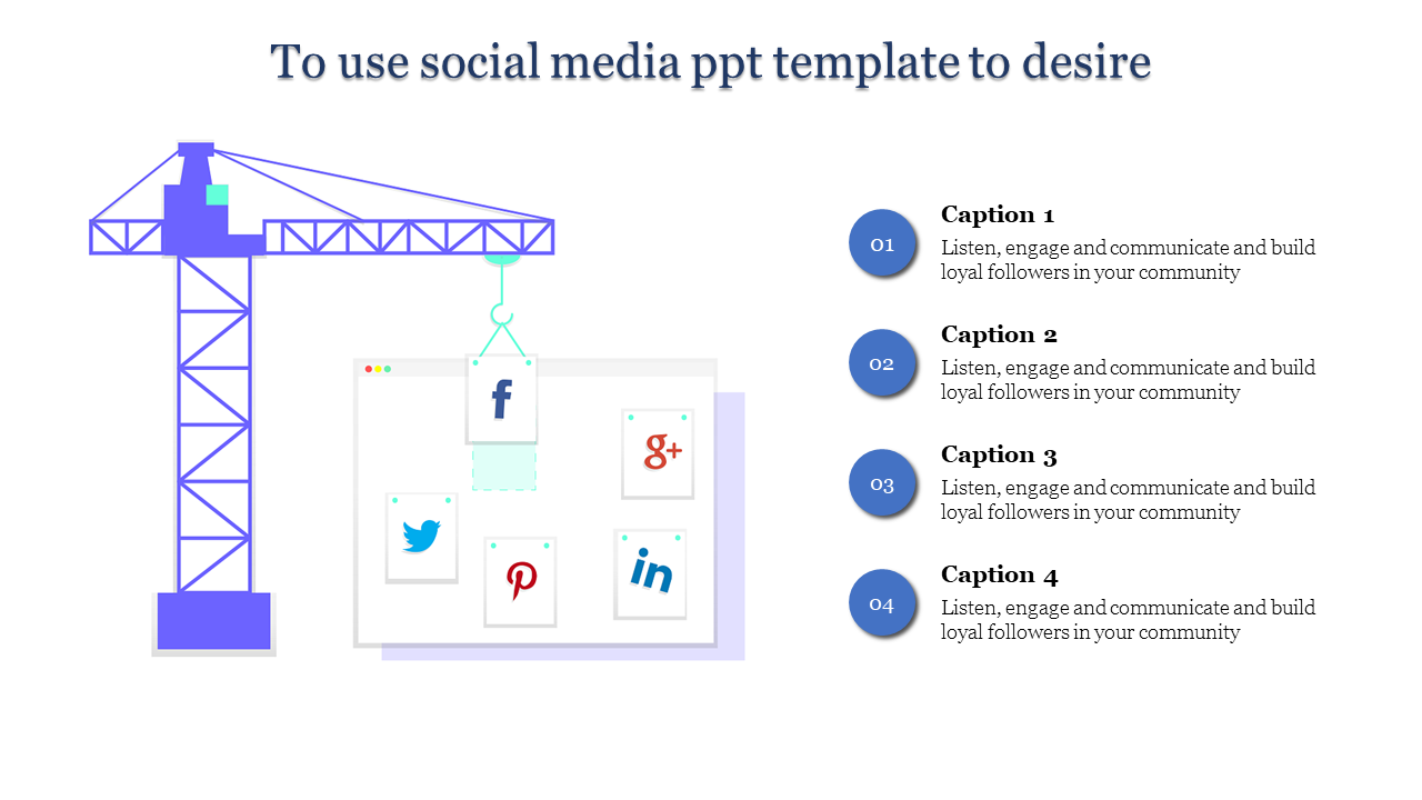 Social media PPT slide with icons for Facebook, Twitter, Pinterest, Google+, and LinkedIn, symbolizing building a community.