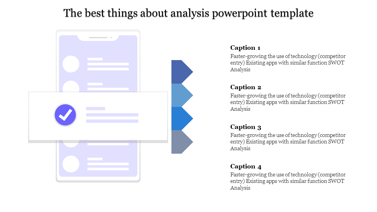 Analysis PPT slide showing a phone with a checklist and icons with multiple captions with text descriptions.