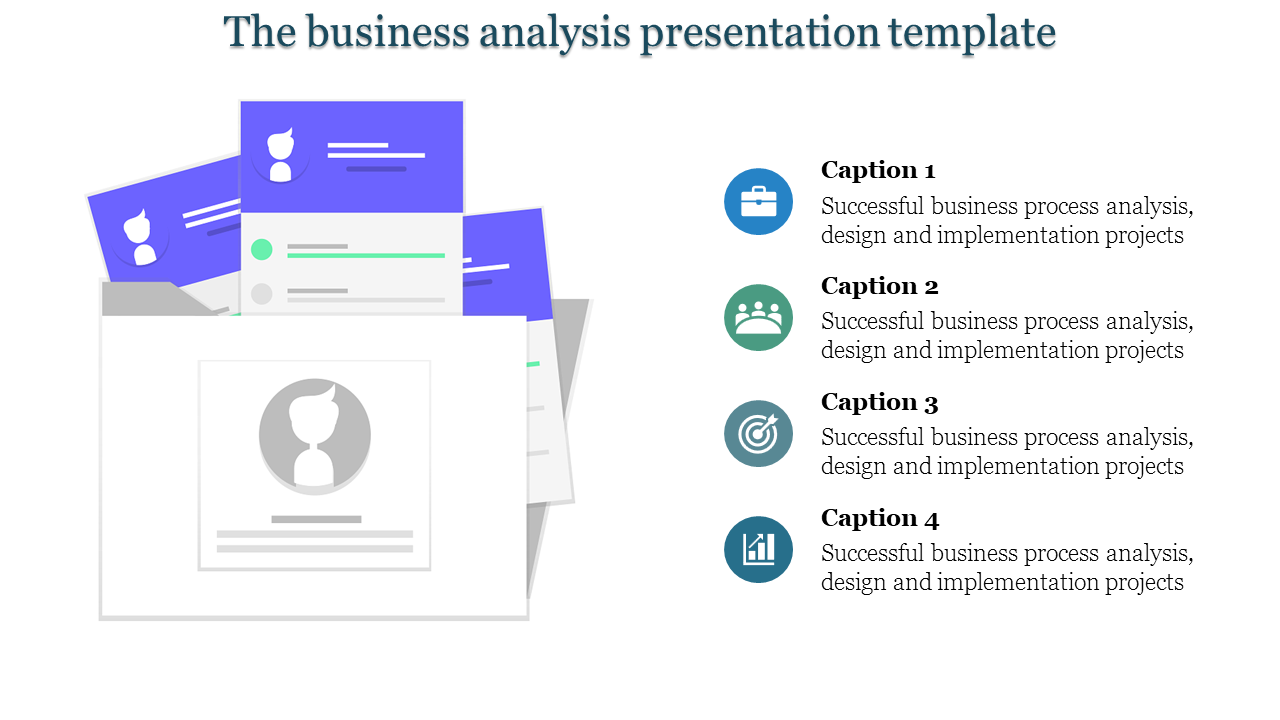 Business analysis slide featuring profile cards in blue and white, with four icons and captions on the right.