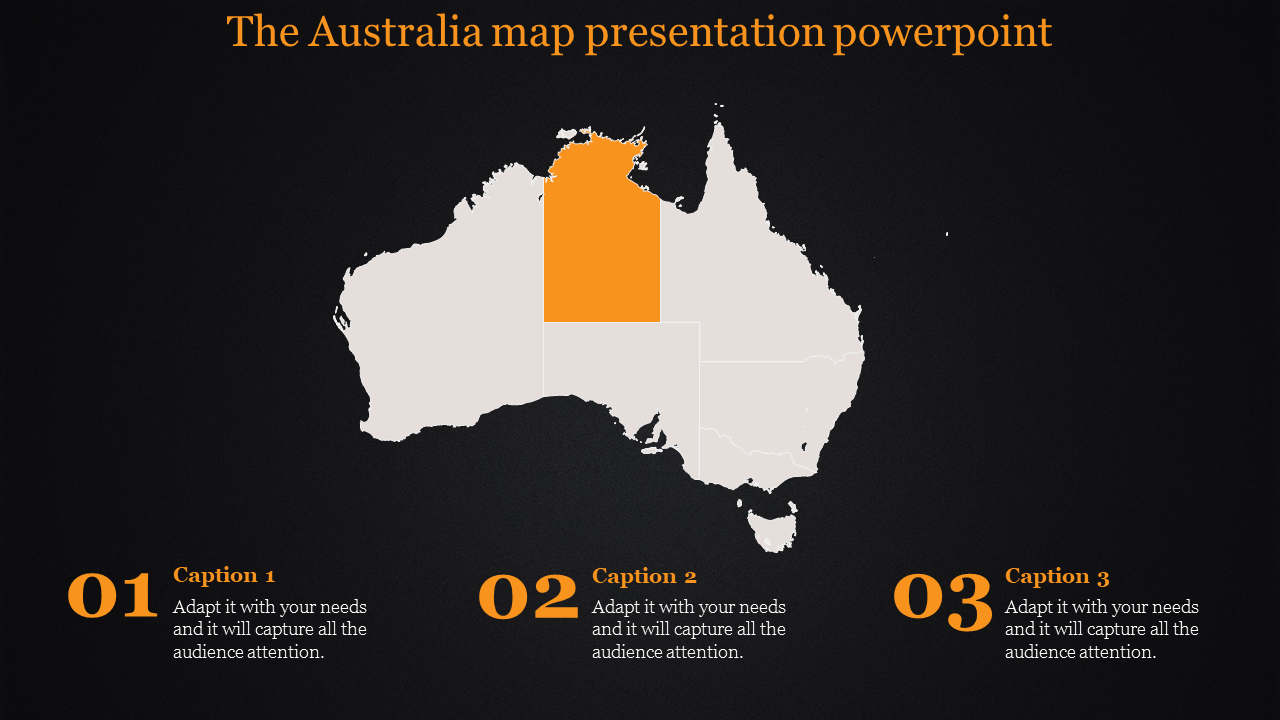 Australia map PowerPoint slide with an orange highlight on a specific region with captions on a dark backdrop.