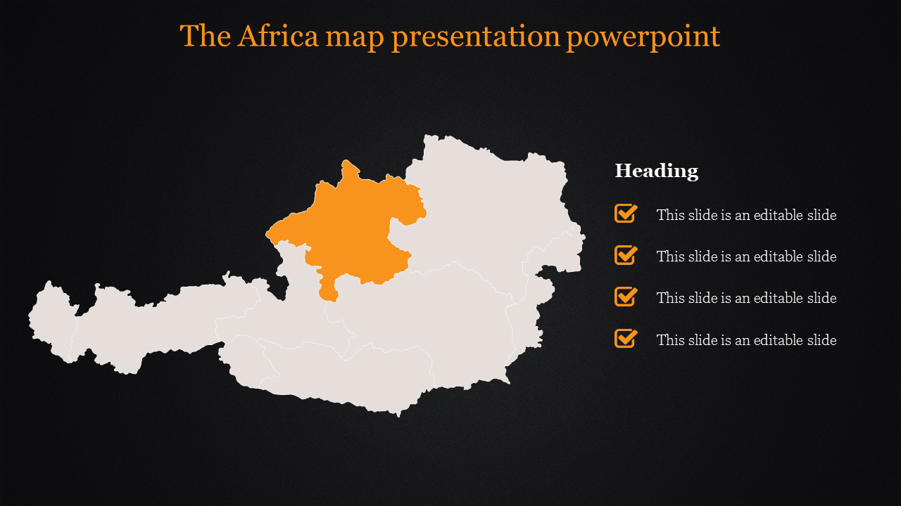 White Africa map outline with an orange highlighted region and a checklist with headings on a black background.