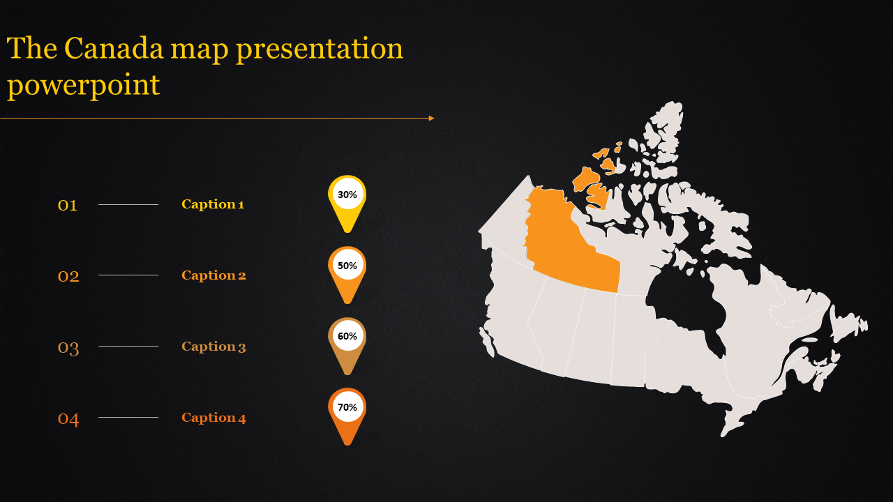 Canada map highlighting one region in orange, paired with four numbered captions and percentage markers on a dark background.