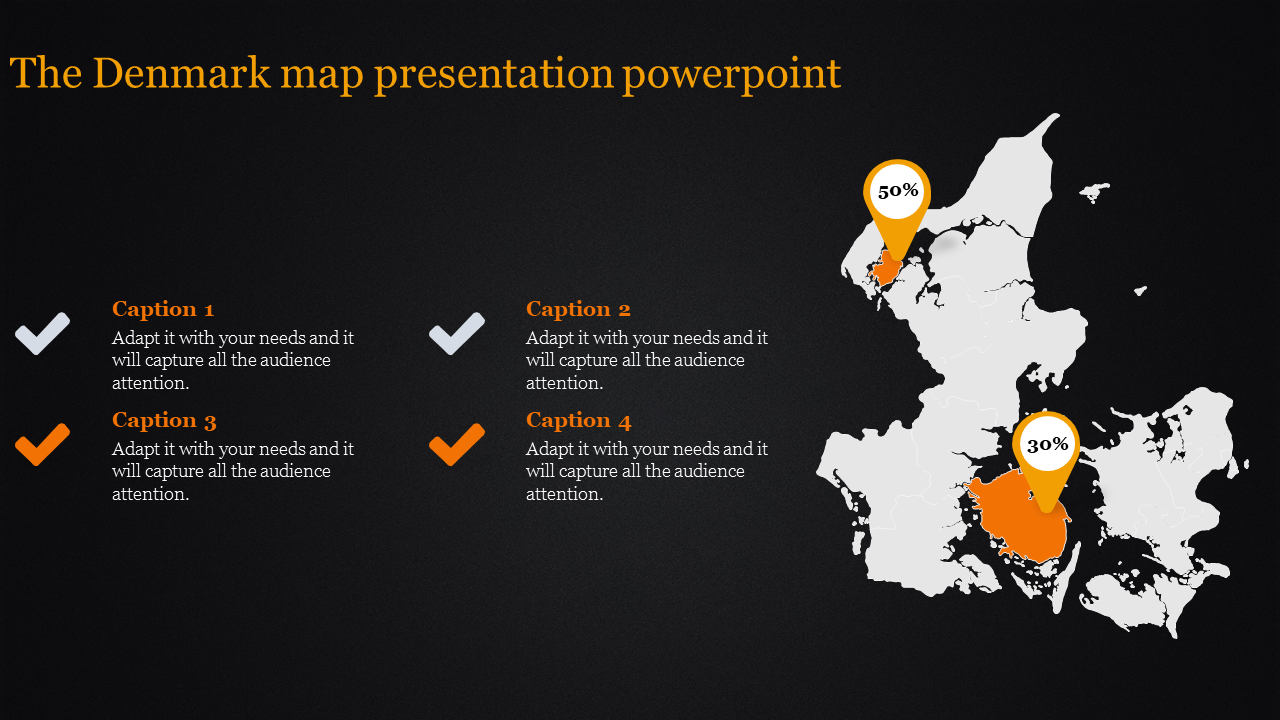 Denmark map featuring two highlighted regions in orange with percentage labels, and four captions, on a black background.