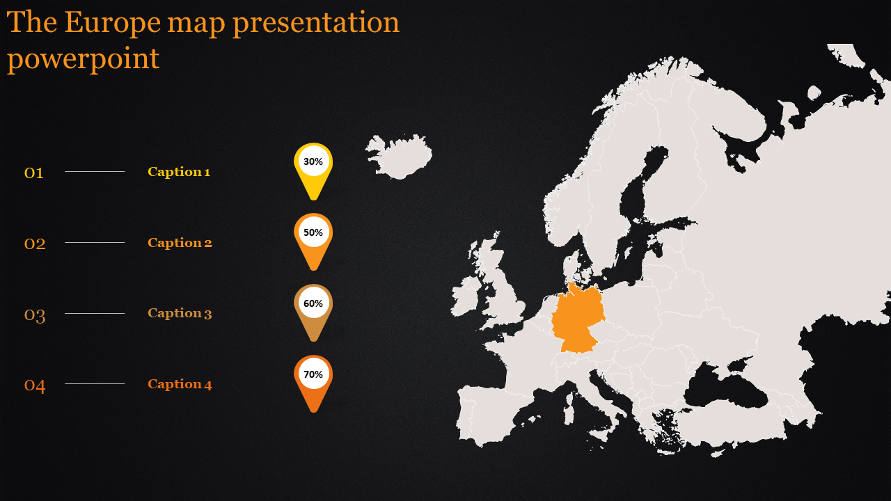 PowerPoint template showing Europe map with highlighted regions and percentage progress indicators on a dark background.