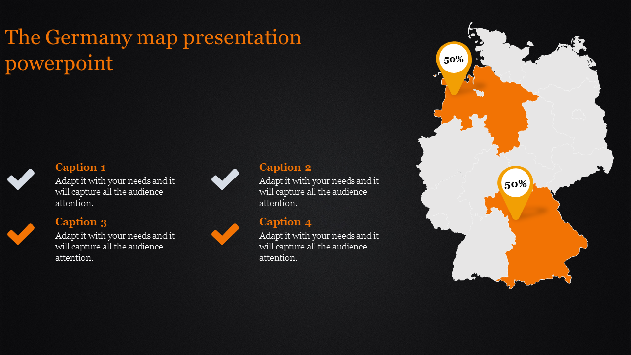 Germany map with highlighted states in orange with two percentage markers, and four captions on a dark background.