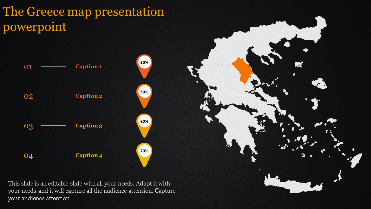 Map of Greece with a highlighted region and four percentage markers on the left, each linked to different captions.